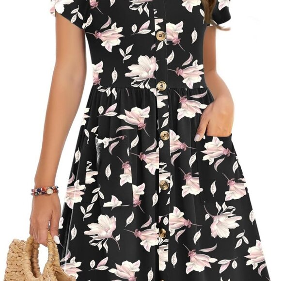 Womens Summer Floral Mini Dress V-Neck Pleated Short Sleeve Vacation Wear - Picture 1 of 6